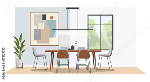 Modern dining room interior illustration featuring a sleek wooden table, minimalist chairs, abstract art, and a large window overlooking greenery