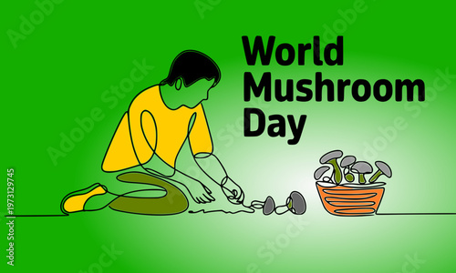 World Mushroom Day banner illustration featuring a person harvesting fresh mushrooms with a basket, ideal for nature, organic food, foraging, and environmental awareness campaigns.