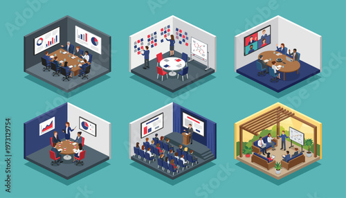 Isometric Meeting Room Scenarios with Presentations and Boardroom Discussions