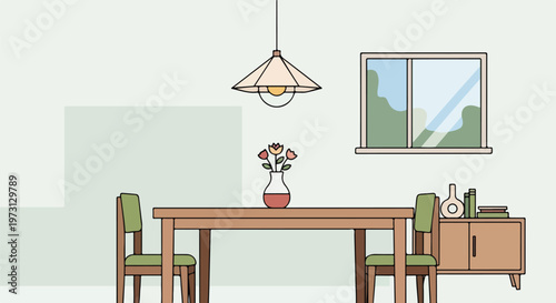 A simple, clean and modern dining area with a table, chairs, and a sideboard bathed in natural light from a window