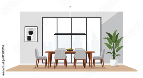 Modern minimalist dining room with large windows, a wooden table, and comfortable chairs, complemented by artwork and a potted plant.