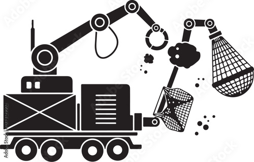 Industrial robotic arm, waste management, recycling truck, garbage collector, black vector icon