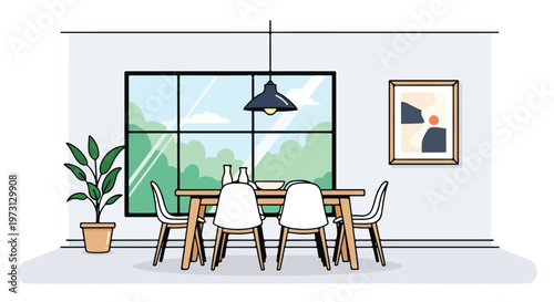 Modern dining room interior with large window overlooking lush greenery and minimalist art