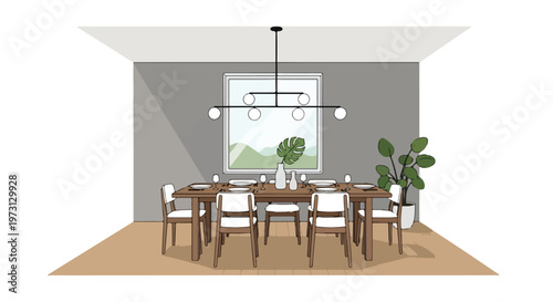 Modern minimalist dining room illustration with a rectangular wooden table and white chairs, set for a meal with a large window showcasing a natural