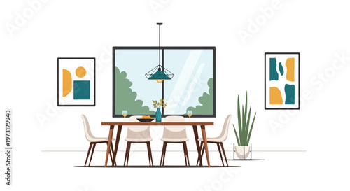 Modern Abstract Dining Room Setting with Geometric Artwork and Natural Light Filtering Through a Large Window