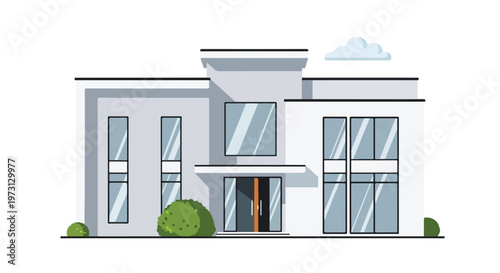 Modern minimalist dwelling with ample glazing and manicured shrubbery under a pale blue sky