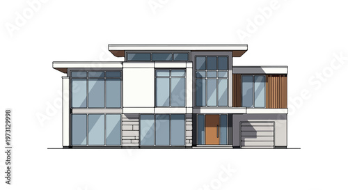 Contemporary architectural rendering of a luxurious modern two-story residence with expansive glass facades and clean lines