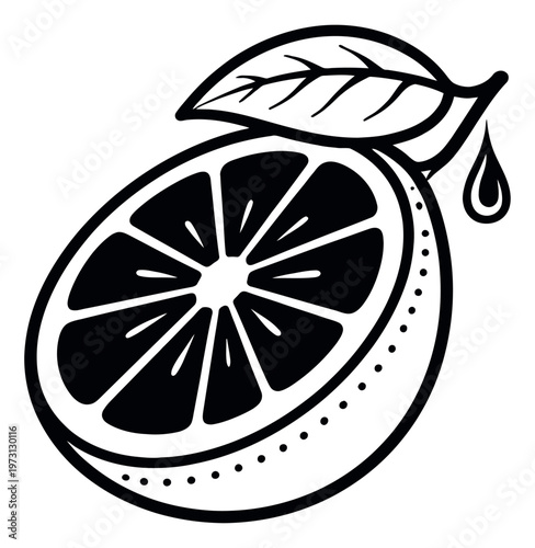 Hand drawn line art illustration of a lemon half depicting a fresh fruit with a leaf and a juice drop for food and drink concepts