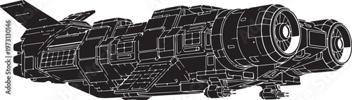 Futuristic spaceship, sci-fi vehicle, black illustration, futuristic design, spacecraft
