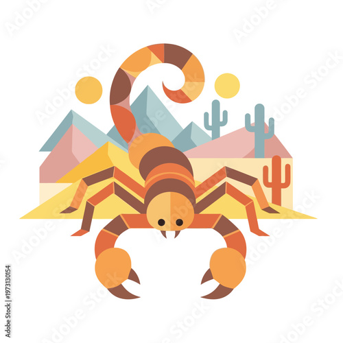 Stylized Desert Scorpion with Cacti and Mountains in Geometric Flat Design