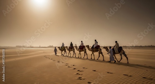 A caravan of camels walking across a desert