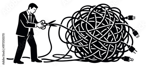 Line art illustration of a businessman depicting cutting tangled cables for problem resolution