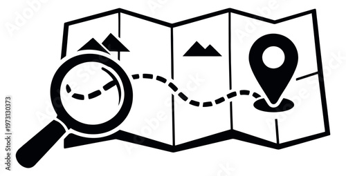 Line art illustration of map navigation depicting route planning and destination search for travel adventures