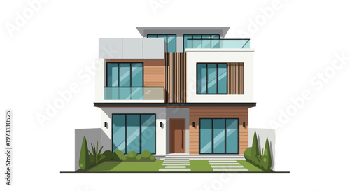 Contemporary two-story residential building with sleek design, large windows, and natural wood accents, set against a pure white background.