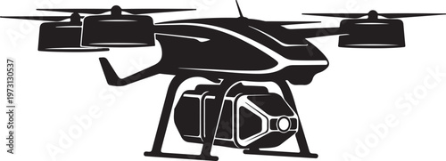 Black drone icon, helicopter silhouette, aircraft symbol, vector graphic