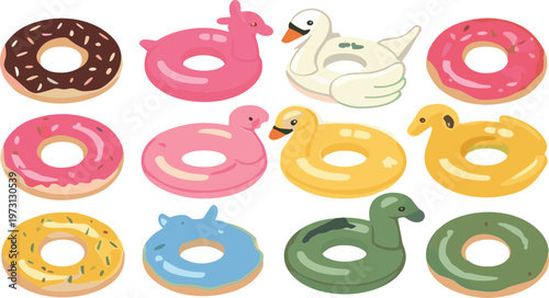 Cute inflatable pool floats in donut and animal shapes vector illustration set with vibrant colors and designs