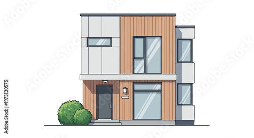 Modern architectural illustration of a contemporary two-story residential dwelling with clean lines and a mix of materials, featuring large windows