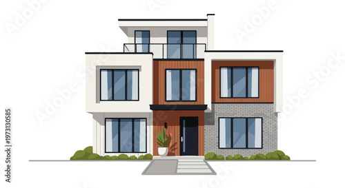 Modern multi-story residential dwelling featuring clean lines large windows and contrasting facade materials showcasing contemporary architectural