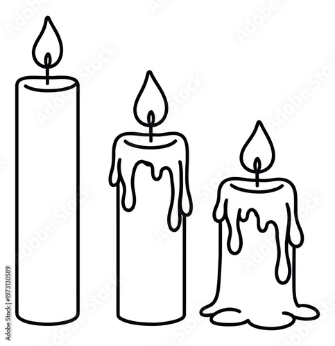 Line art candle set featuring different melting stages and lit flames for decoration and ambiance