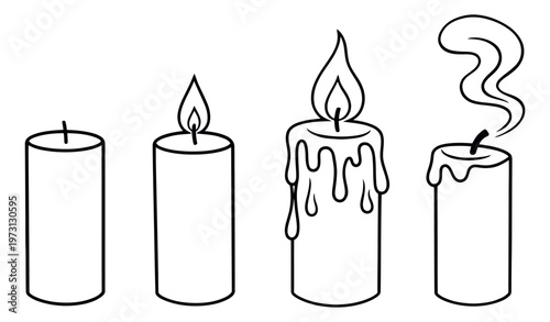 Hand drawn candle set featuring different stages from unlit to extinguished for decorative projects