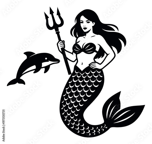 Graphic illustration of a mermaid and dolphin depicting the mermaid holding a trident for mythological themes