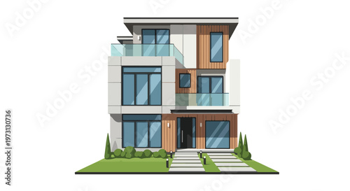 Modern multi-story residential building with glass balconies and wood accents, showcasing contemporary architectural design.