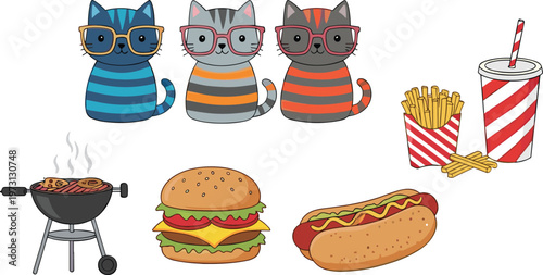 Cute striped cats with glasses and BBQ food items like burgers, fries, and hot dogs vector illustration set