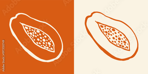 A minimalist vector line drawing of sliced papaya fruit showing the inner seeds, hand drawn tropical fruit sketch for exotic food labels and healthy lifestyle .