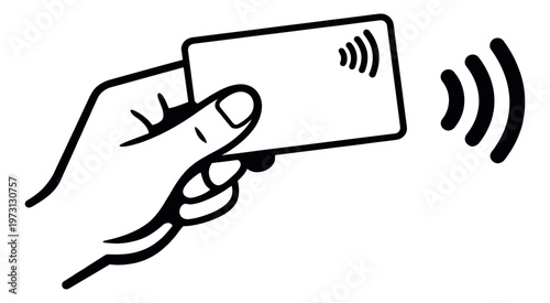 Line art illustration of a hand holding a credit card depicting contactless payment for financial transactions