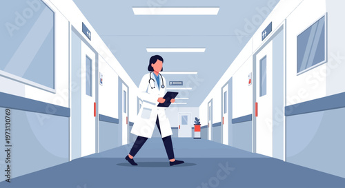 A professional doctor confidently walks down a brightly lit hospital corridor, symbolizing dedication and readiness for patient care. This Flat Design depicts the bustling life of a medical facility.