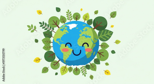 Happy earth surrounded by lush green leaves and yellow flowers on light green background symbolizing nature and eco friendly environment