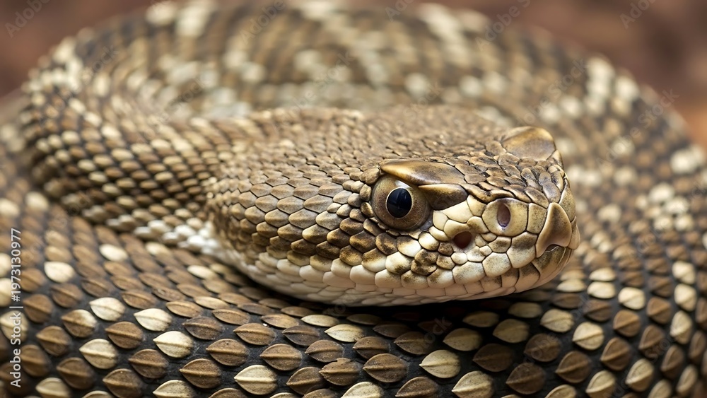 Fototapeta premium Close-up of a coiled rattlesnake with intricate scale patterns.