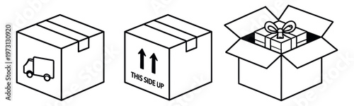 Hand drawn line art shipping boxes set featuring a delivery truck, orientation arrows, and a gift package for logistics and e-commerce