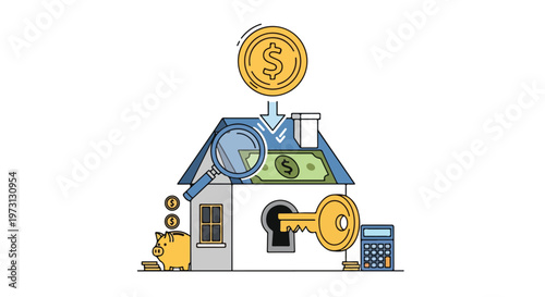 Financial analysis of a house investment with a piggy bank, calculator, and key symbolizing success and prosperity