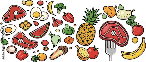 Food and ingredients vector collection set with meat fruits vegetables eggs pineapple steak illustration isolated on white background for cooking design