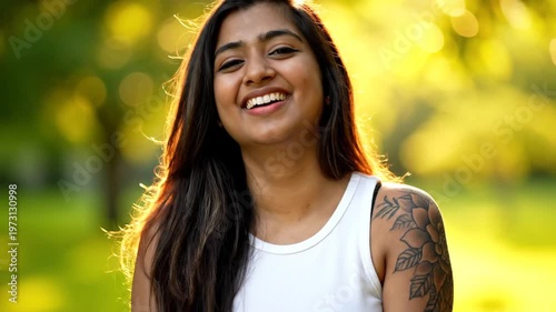Happy young Indian woman smiling in park at golden hour