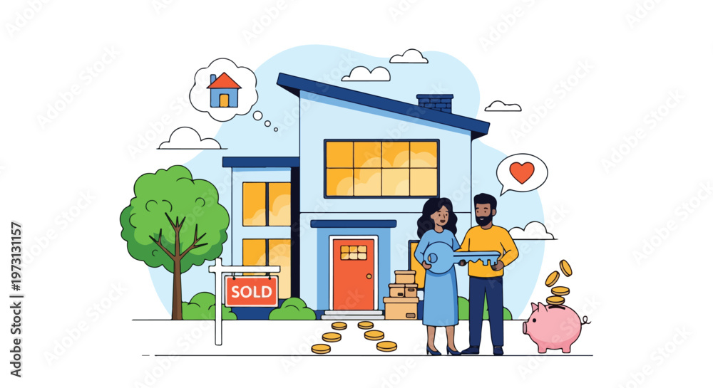 Naklejka premium Happy couple receiving keys to their newly purchased dream home with a piggy bank and sold sign signifying financial success and a bright future