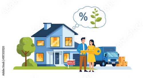 Couple receives keys to a new home with moving truck and growth symbol indicating future prosperity and investment