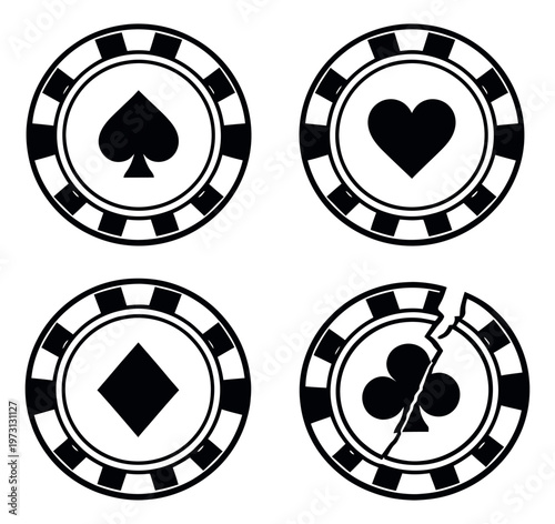Line art poker chip set featuring card suits and a broken chip for gambling concepts