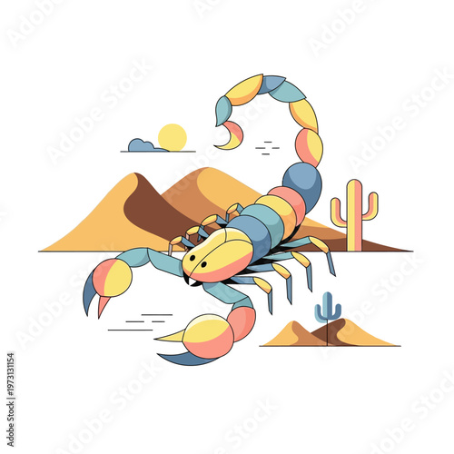 Colorful Scorpion and Desert Landscape Illustration