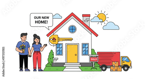 Illustrating a joyous couple celebrating the acquisition of their brand-new residence with a large key and a sold sign adorning the property,
