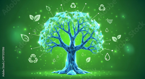 Glowing blue tree with eco friendly symbols and leaves on green background representing environmental conservation and sustainability
