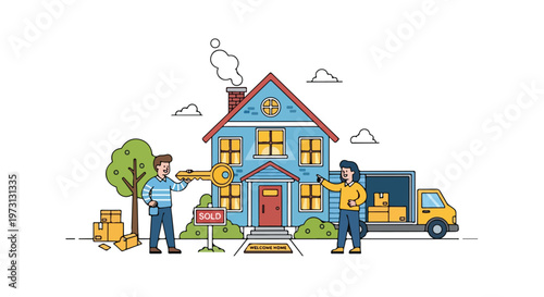 New Homeowners Receive Keys and Begin Moving In with a Delivery Truck Present