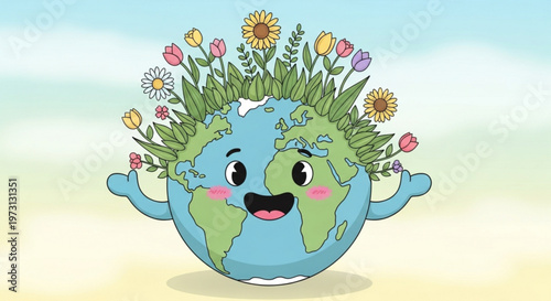 Cartoon earth with flowers and green grass on head smiling and waving with joyful expression in sunny environment