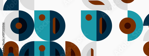 Abstract geometric pattern. Shapes overlap, creating midcentury modern aesthetic. Colors include teal, orange, gray, white. Simple design.