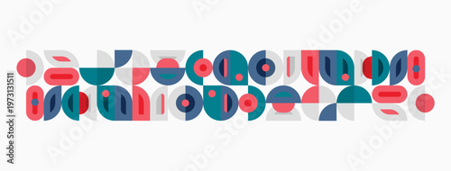 Abstract geometric pattern. Circles, semicircles, rectangles combine creating midcentury modern aesthetic. Colors include blue, red, gray.