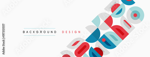 Abstract geometric shapes overlap white space. Minimalist design features bold colors, text elements, modern aesthetic.