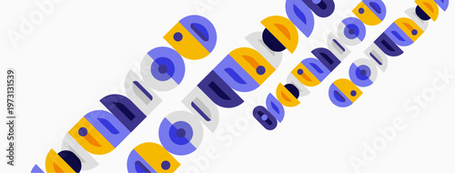 Abstract pattern features repeating circles, squares, rectangles. Purple, yellow, blue colors dominate design. Minimalist composition.