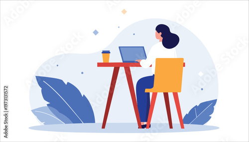vector Woman Working on Laptop at Desk