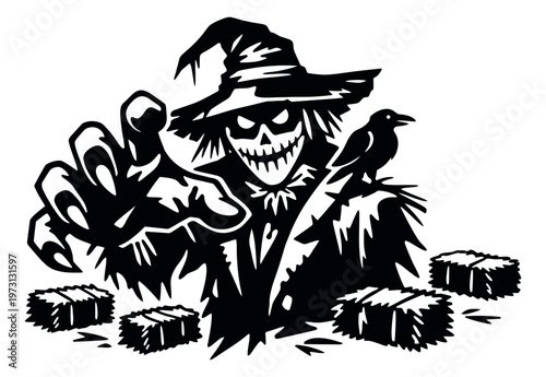 Graphic illustration of a scarecrow depicting a menacing pose with a crow and hay bales for halloween